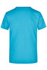 A bright blue t-shirt with a short sleeve and a plain back, featuring a logo.