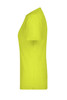 A side view of a bright yellow women's basic T-shirt with short sleeves and a fitted silhouette. It features a logo.