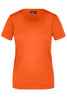 An orange women's basic T-shirt with short sleeves and a round neckline. It features a logo on the label.