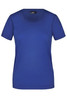 A blue Ladies Basic-T shirt with a round neckline and short sleeves, featuring a logo on the label.