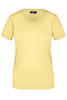 A yellow short-sleeved women's t-shirt with a round neck and a logo on the label.