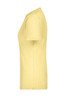 A yellow basic women's T-shirt with a simple design and short sleeves. It features a logo on the label.
