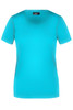 A teal women's t-shirt with a round neckline and short sleeves, featuring a logo.