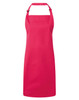 A pink bib apron with an adjustable neck strap and a plain design, featuring a branding logo.