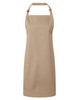 A beige bib apron with a classic design, featuring an adjustable neck strap and a logo. Suitable for chefwear.