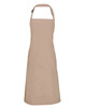 A tan bib apron designed for chefs, featuring an adjustable neck strap and a branding logo.
