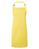 A yellow bib apron with adjustable neck straps and a simple design. It features a logo on it.