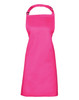 A bright pink Colours Bib Apron with a neck strap, designed for chefwear. It features a branding logo.