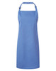 A blue bib apron with a neck strap and an adjustable design. It features a branding logo.