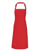 A red bib apron featuring an adjustable neck strap and a logo. Suitable for chefwear and uniforms.