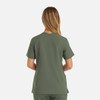A women's double V-neck top in olive green, featuring short sleeves and a relaxed fit, with a logo present.