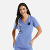 A female model wearing a light blue double v-neck top, paired with a stethoscope around her neck.