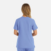 A women's double V-neck top in light blue, featuring short sleeves and a simple design on the back.