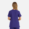 A purple women's double V-neck top with short sleeves and a back view. It features a logo on the fabric.