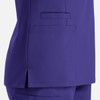 A purple women's double V-neck top with a side slit and pocket detailing. It features a smooth fabric texture.