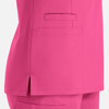 A vibrant pink double v-neck top featuring side slits and a pocket detail. The garment has a sleek, modern design.