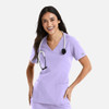 A lavender women's double V-neck top with short sleeves, featuring two front pockets and a stethoscope.