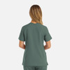 A women's double V-neck top in a muted green colour, featuring short sleeves and a back view. It has branding.