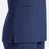 A navy blue women's top with a double V-neck and side slits, featuring a pocket on the side.