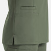 A women's double V-neck top in a muted olive green colour, featuring side slits and pockets.
