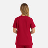 A red women's double V-neck top, featuring short sleeves and a relaxed fit, displayed from the back.