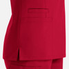 A red double V-neck top featuring side slits and a large pocket on the front. The image includes branding details.