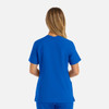 A women's double V-neck top in vibrant blue, featuring short sleeves and a straight cut. The back view is shown.