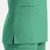 A women's double V-neck top in teal, featuring a side slit and a pocket detail.