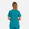 A women's double V-neck top in a vibrant teal colour, featuring a simple design and short sleeves.