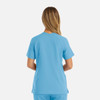 A women's double V-neck top in light blue, featuring short sleeves and a simple design. It has a logo.