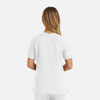 A women's short-sleeve top in white with a double V-neck design, featuring a logo on the back.