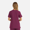 A women’s double V-neck top in a deep burgundy colour, featuring short sleeves and a back view.