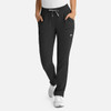 A pair of women's full elastic pull-on pants in black with pockets and a drawstring waistband.