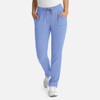 Light blue women's pull-on pants with an elastic waistband and pockets, featuring a logo on the side.