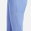 A pair of women's full elastic pull-on pants in light blue with a side pocket and a subtle logo.