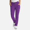 A pair of purple women's pants featuring a full elastic waistband and pockets, with a logo on the side.
