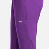 A pair of women's full elastic pull-on pants in vibrant purple, featuring side pockets and a branded logo.