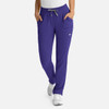 A pair of women's full elastic pull-on pants in purple with pockets and a drawstring waistband.