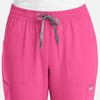 A pair of women's full elastic pull-on pants in bright pink featuring side pockets and a drawstring.