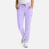 A pair of light purple women's pull-on pants with a drawstring and pockets, featuring a logo.