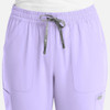 A pair of women's full elastic pull-on pants in light purple, featuring front pockets and a drawstring.