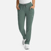 A pair of women's full elastic pull-on pants in a muted green colour, featuring pockets and a drawstring waist.