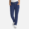 A pair of women's full elastic pull-on pants in navy blue, featuring side pockets and a drawstring waist.