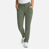 A pair of women’s full elastic pull-on pants in olive green, featuring side pockets and a drawstring waistband.
