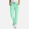 A pair of mint green women's full elastic pull-on pants with side pockets and a drawstring waist.