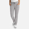 Light grey women's full elastic pull-on pants with pockets, featuring a drawstring waistband and a logo.