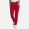 A women's full elastic pull-on pant in vibrant red, featuring pockets and a drawstring waist.