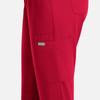 A pair of women's full elastic pull-on pants in bright red, featuring a side pocket and a branding logo.