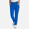 A pair of women's full elastic pull-on pants in bright blue, featuring pockets and a drawstring waist.