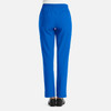 A pair of women's full elastic pull-on pants in bright blue, showing the back view with a simple design and branding.